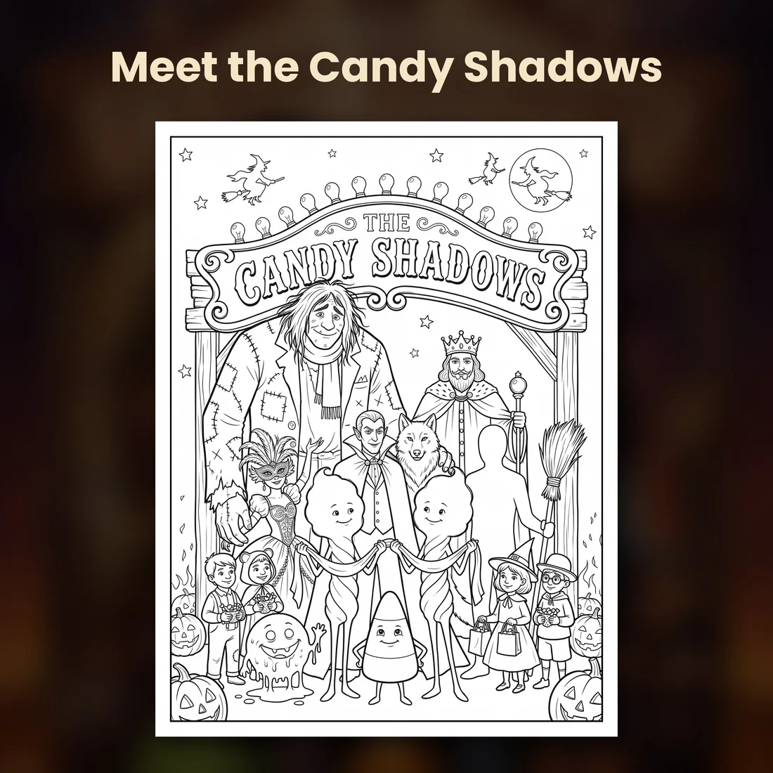 A coloring page from the book: the whole cast under the carnival arch, in line art ready to color.